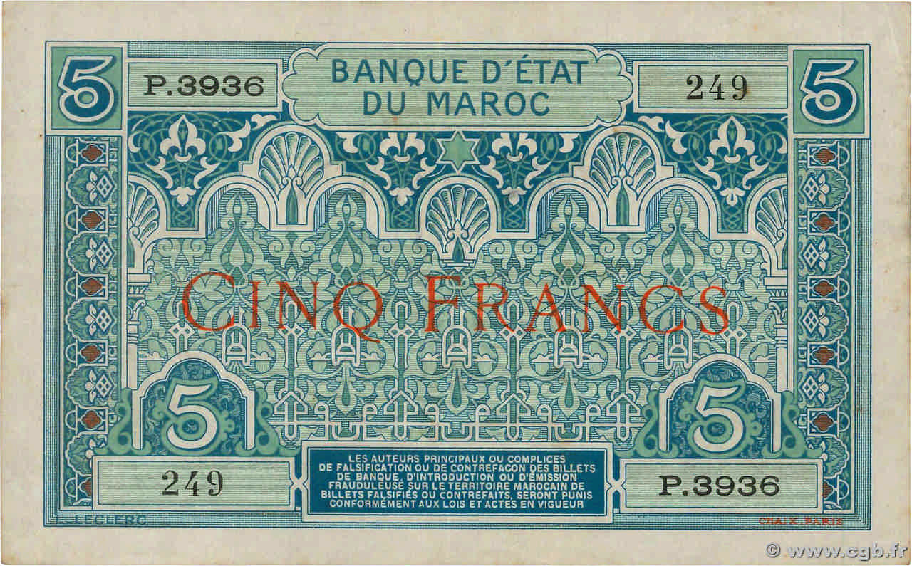 5 Francs MAROCCO  1924 P.09 BB
