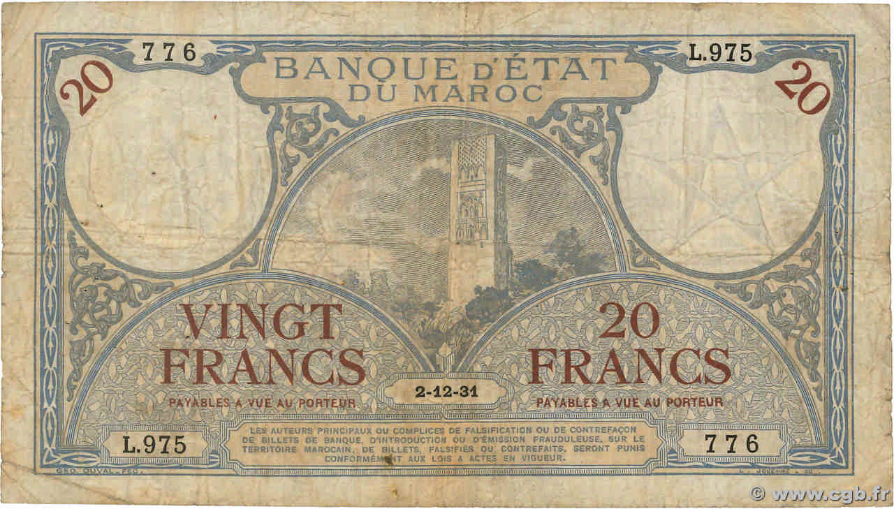20 Francs MOROCCO  1931 P.18a VG