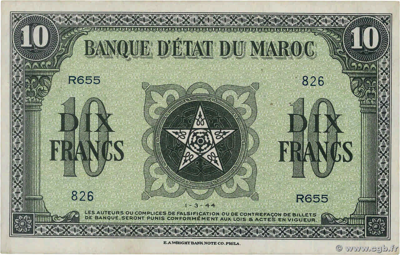 10 Francs MAROCCO  1944 P.25 SPL
