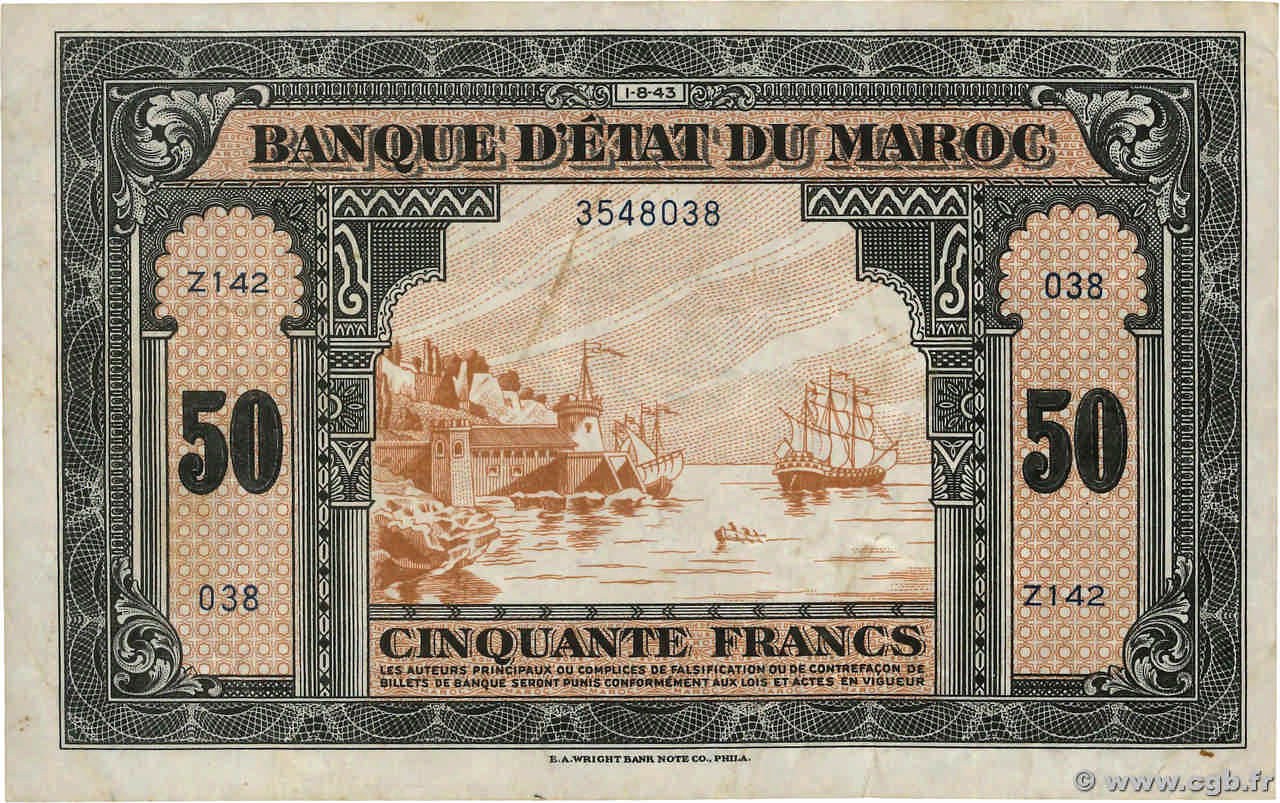 50 Francs MOROCCO  1943 P.26a VF