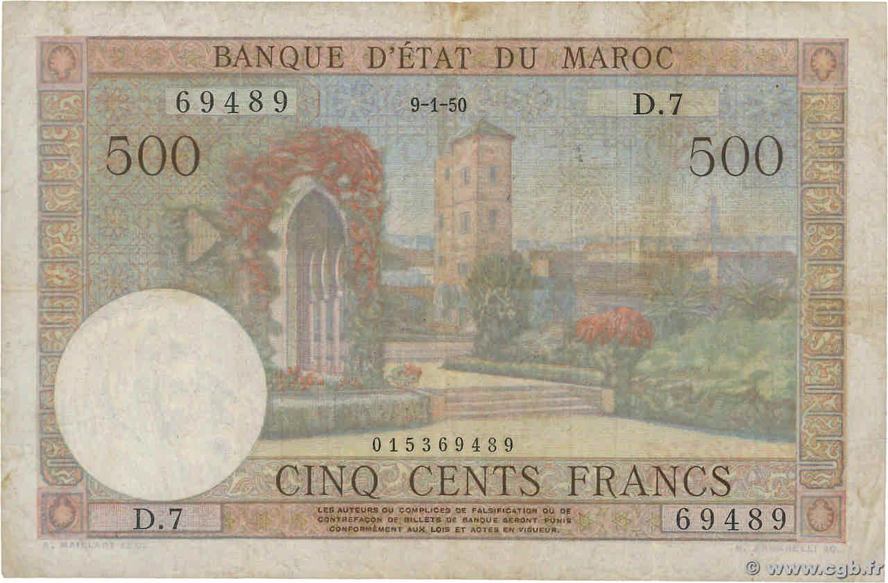 500 Francs MARUECOS  1950 P.46 BC