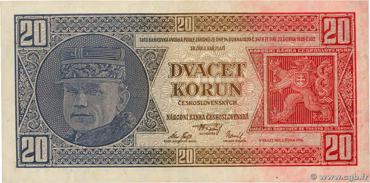 20 Korun CZECHOSLOVAKIA  1926 P.021a VF