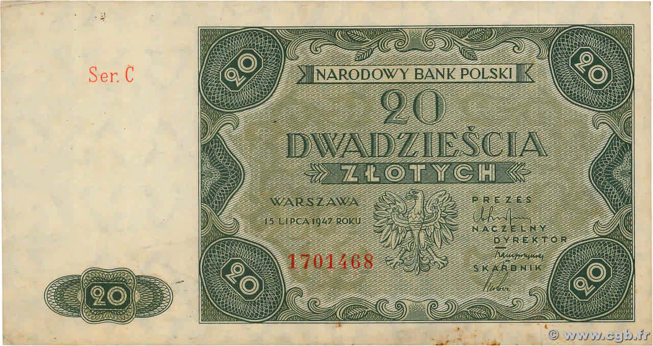 20 Zlotych  POLOGNE  1947 P.130 pr.SUP