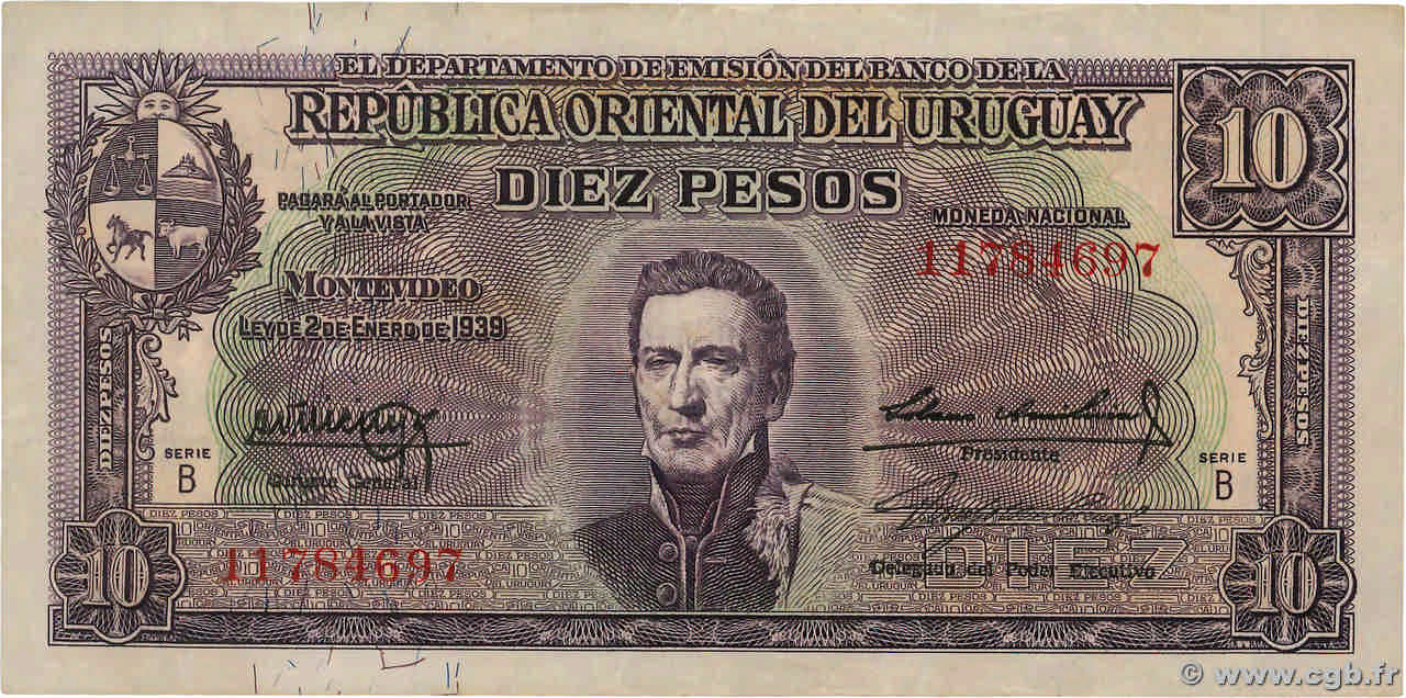 10 Pesos URUGUAY  1939 P.037b BB