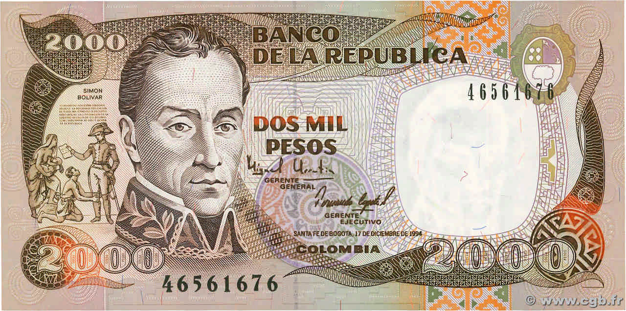 2000 Pesos COLOMBIA  1994 P.439b UNC