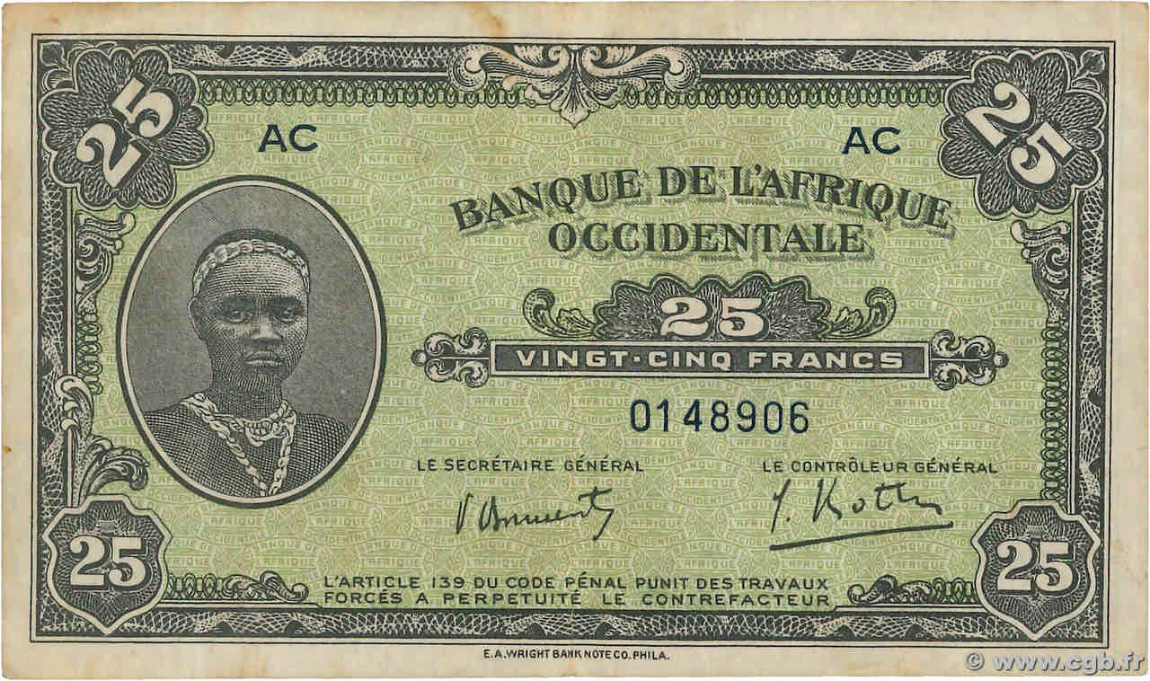 25 Francs FRENCH WEST AFRICA  1942 P.30a MBC