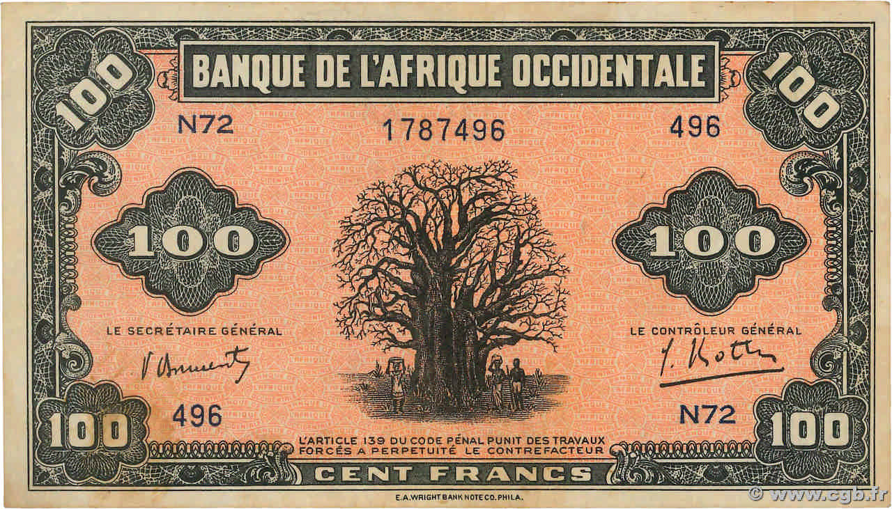 100 Francs FRENCH WEST AFRICA  1942 P.31a fVZ