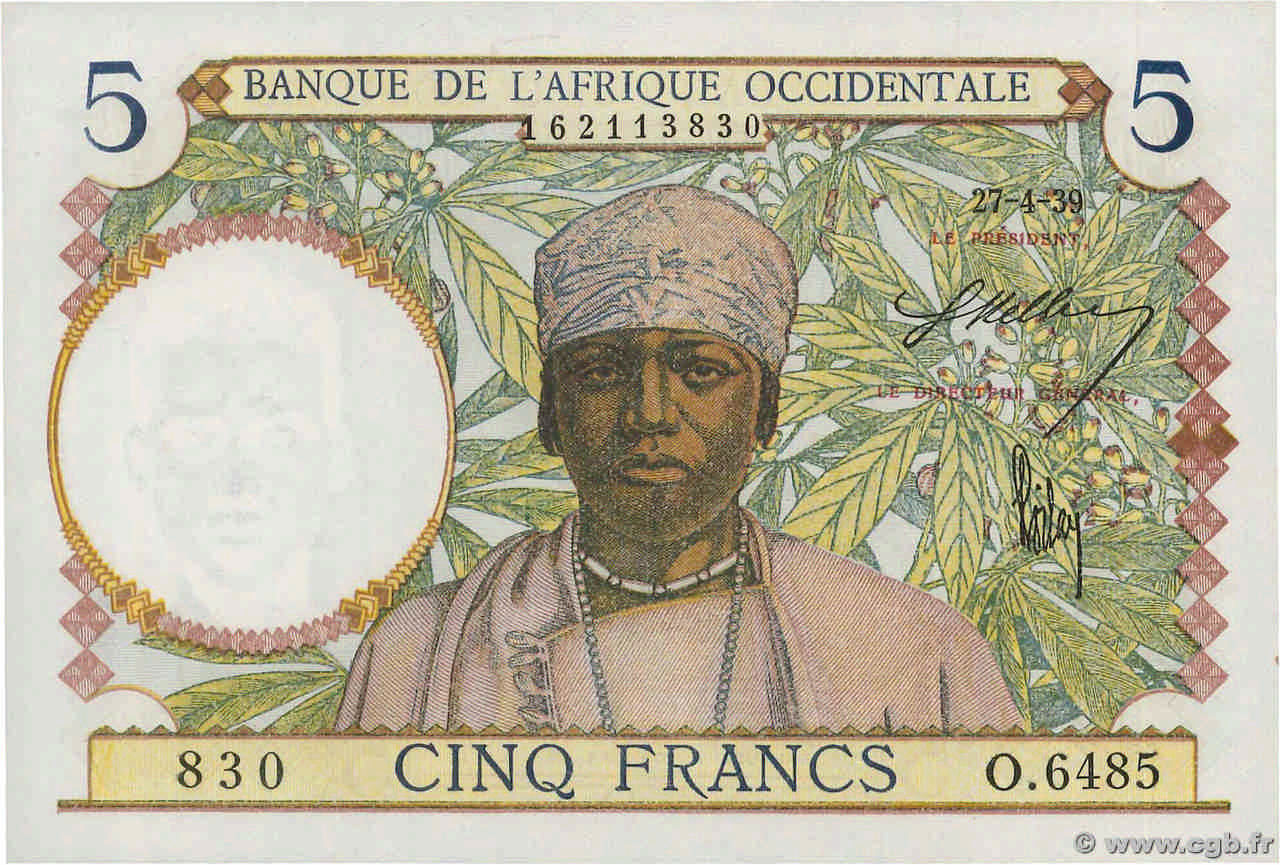 5 Francs FRENCH WEST AFRICA  1939 P.21 q.FDC