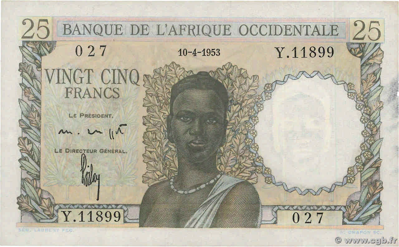 25 Francs AFRIQUE OCCIDENTALE FRANÇAISE (1895-1958)  1953 P.38 TTB+