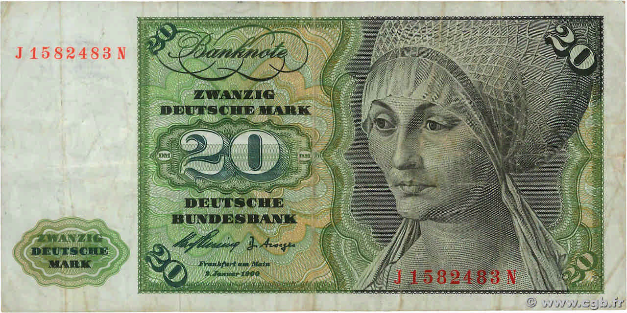 20 Deutsche Mark GERMAN FEDERAL REPUBLIC  1960 P.20a MB