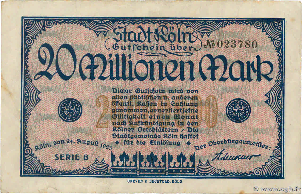 20 Millions Mark GERMANY Köln 1923  VF