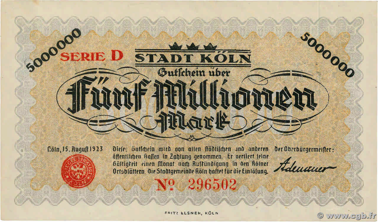 5 Millions Mark DEUTSCHLAND Köln 1923  fST