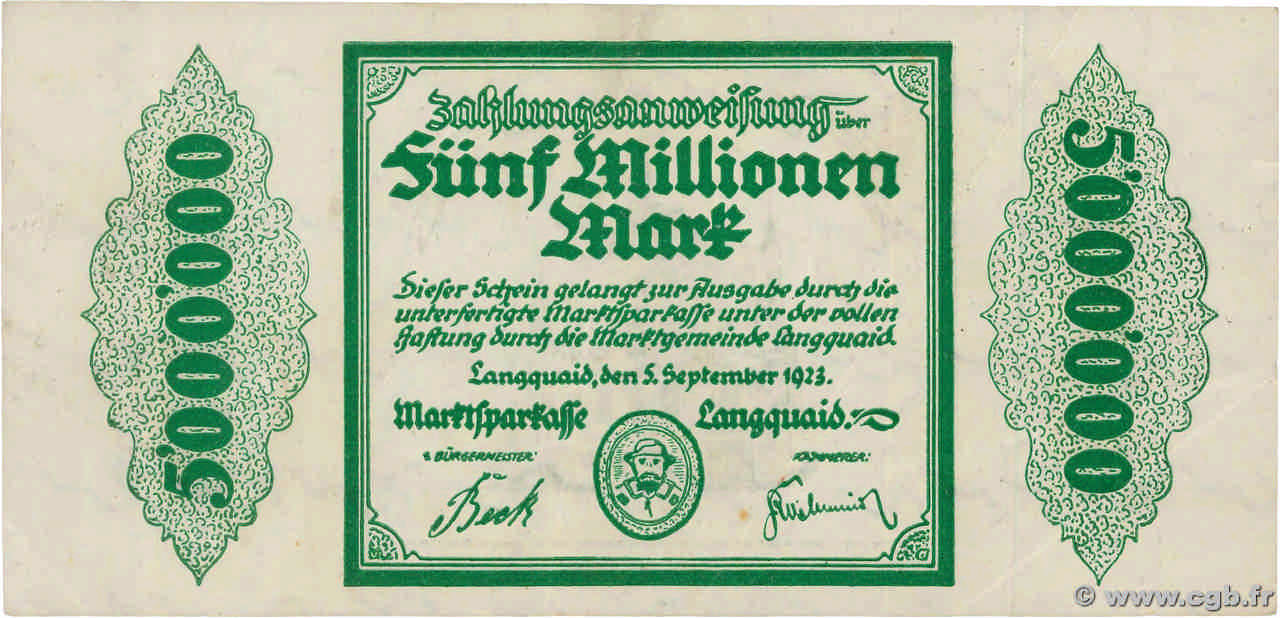 5 Millions Mark ALEMANIA Langquaid 1923  MBC+