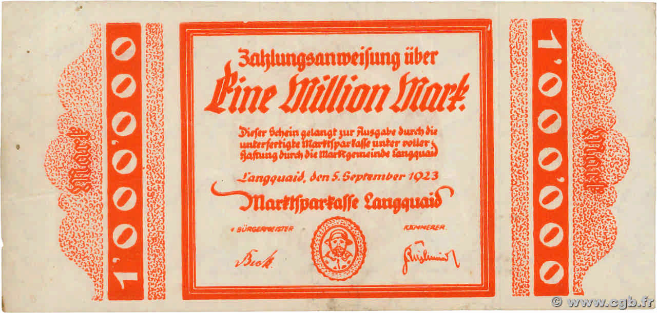 1 Million Mark GERMANY Langquaid 1923  VF