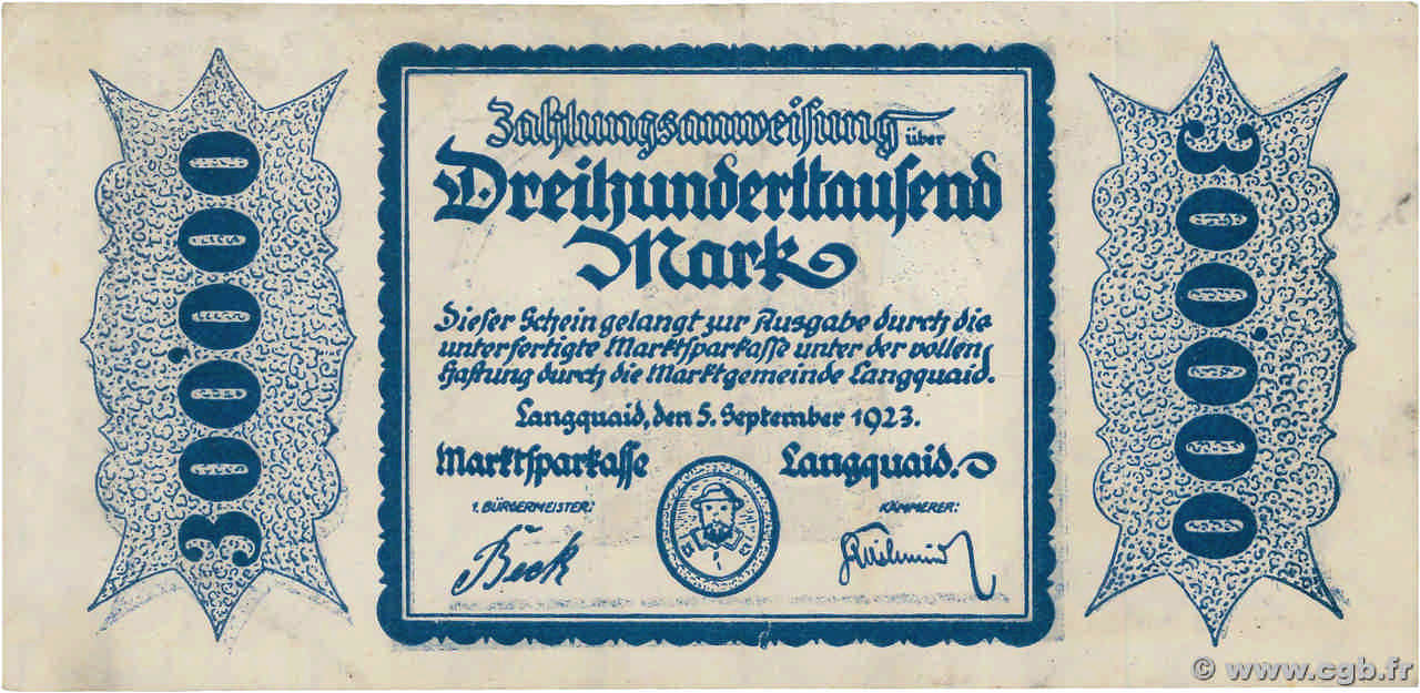 300000 Mark GERMANIA Langquaid 1923  SPL