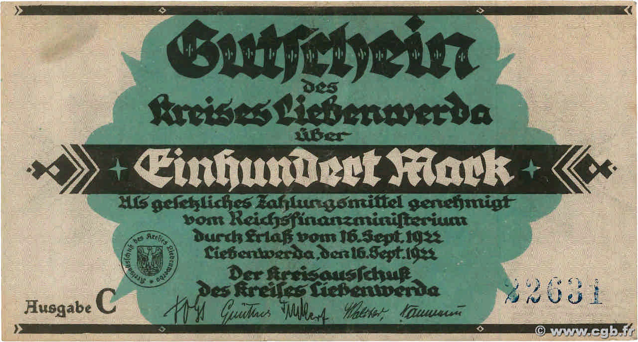 100 Mark GERMANY Liebenwerda 1922  VF+