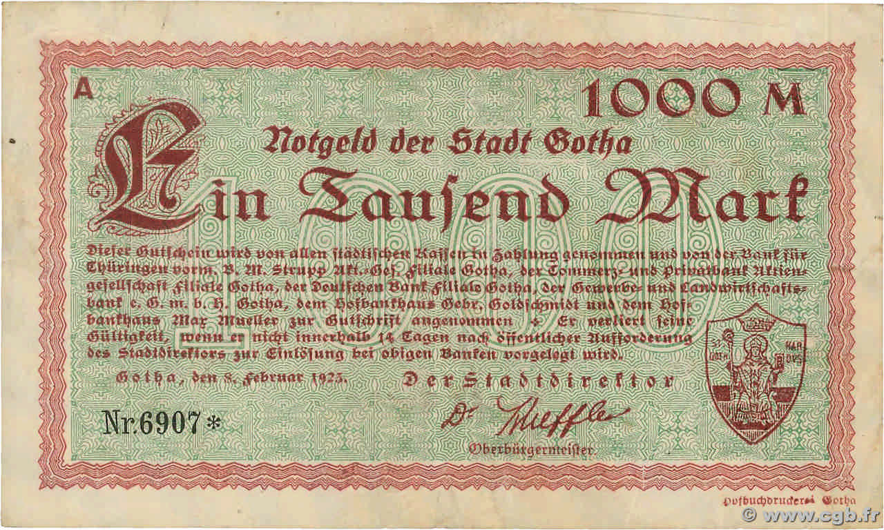 1000 Mark GERMANY Gotha 1923  VF