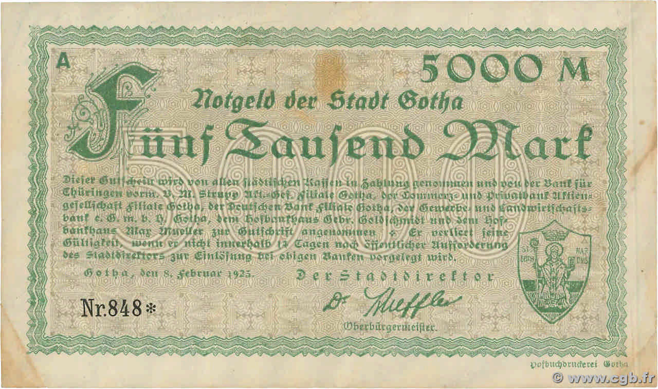 5000 Mark GERMANY Gotha 1923  VF