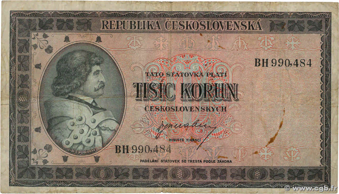 1000 Korun TCHÉCOSLOVAQUIE  1945 P.065a TB