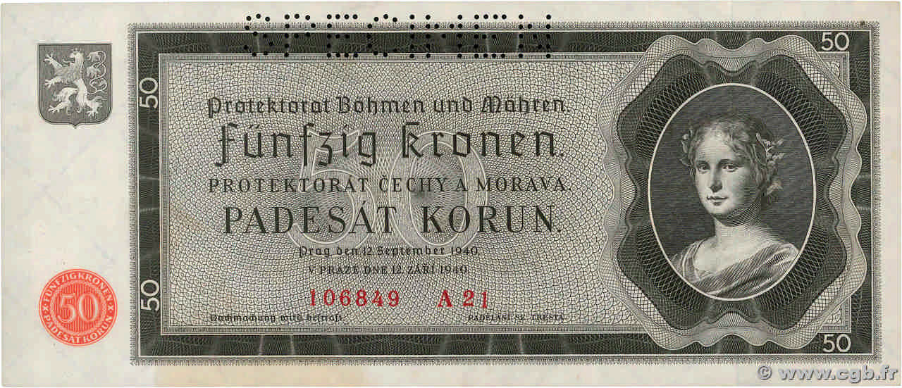 50 Korun Spécimen BOHEMIA & MORAVIA  1940 P.05s AU
