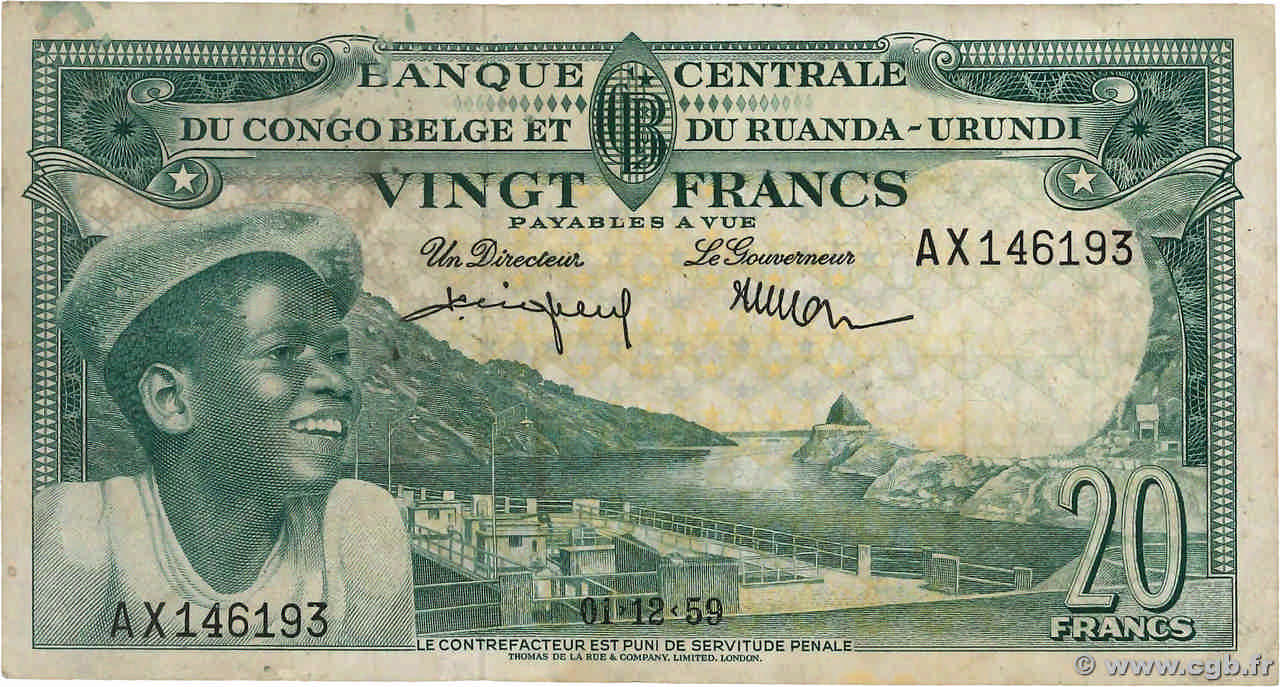 20 Francs CONGO BELGE  1959 P.31 TTB