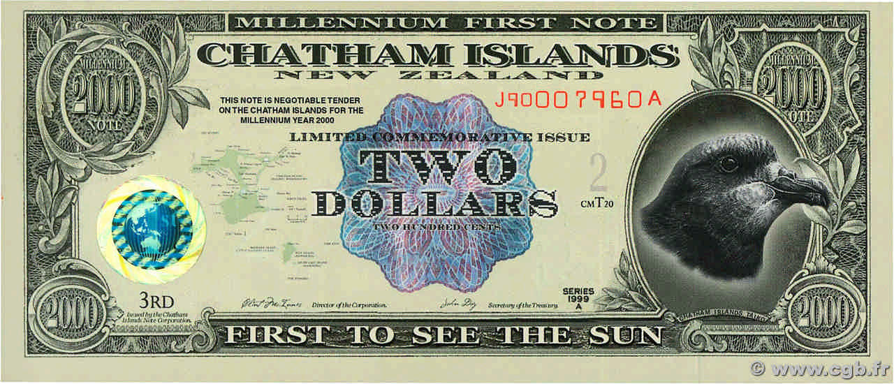 2 Dollars ILES CHATHAM  1999  NEUF