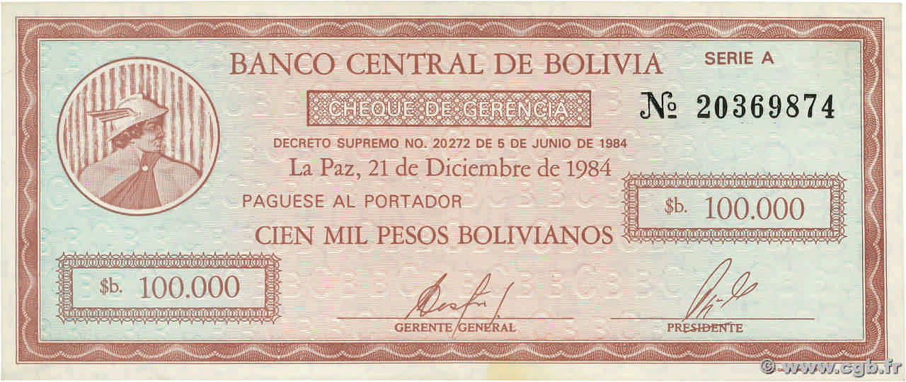 100000 Pesos Bolivianos BOLIVIE  1984 P.188 NEUF