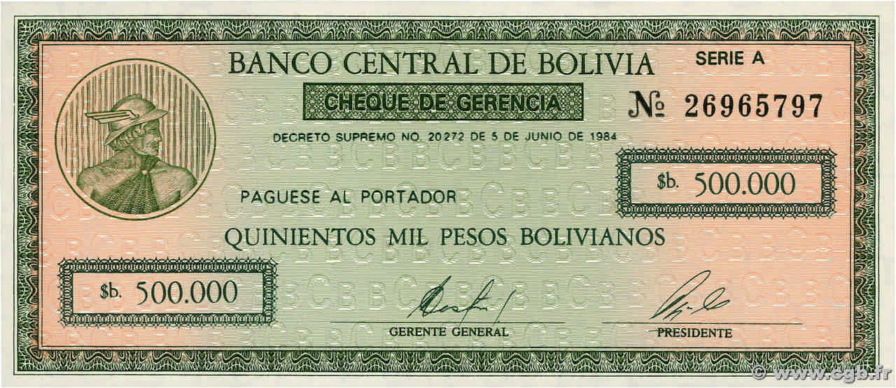 500000 Pesos Bolivianos BOLIVIE  1984 P.189 NEUF