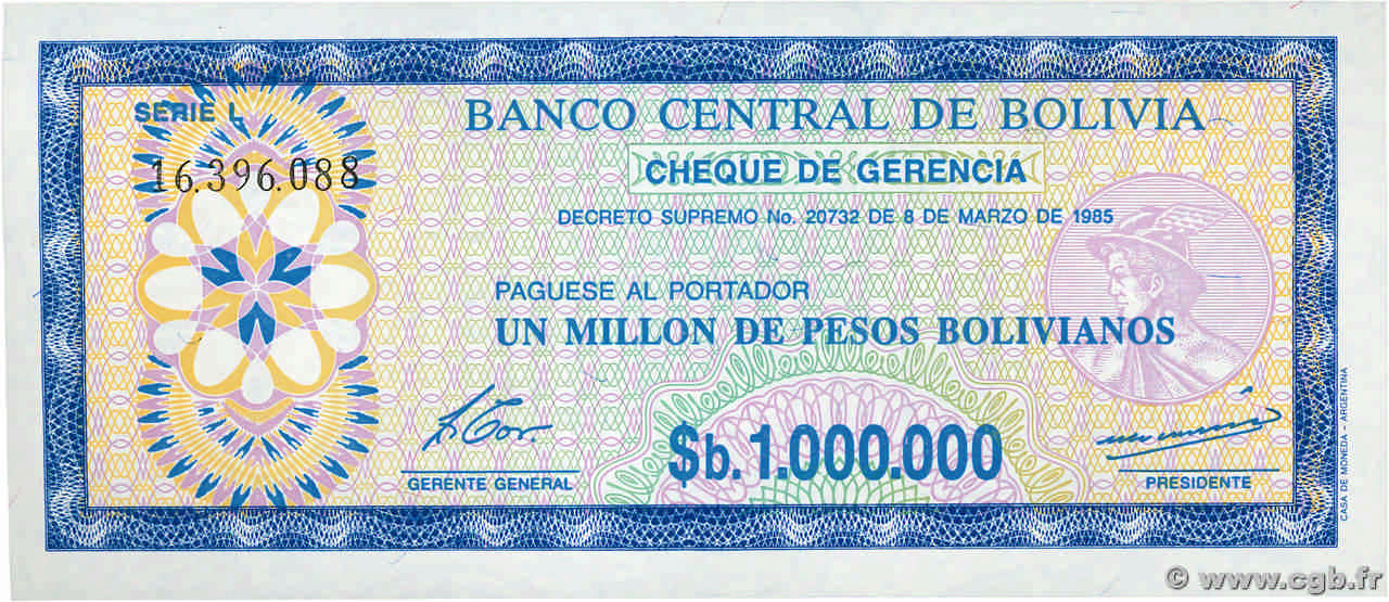 1000000 Pesos Bolivianos BOLIVIE  1985 P.192Ca NEUF