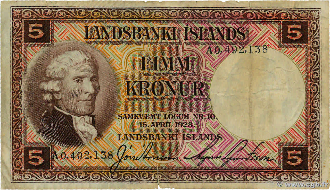 5 Kronur ISLANDE  1945 P.27b TB