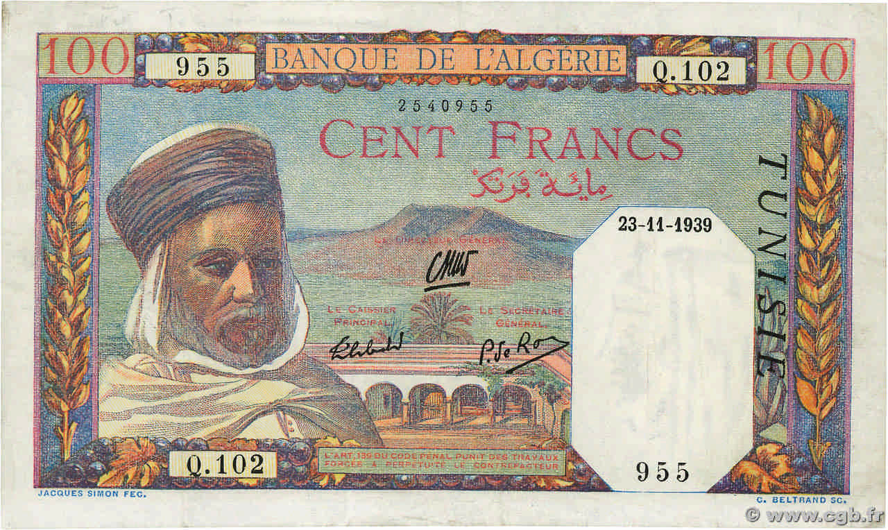 100 Francs TUNISIE  1939 P.13a TTB