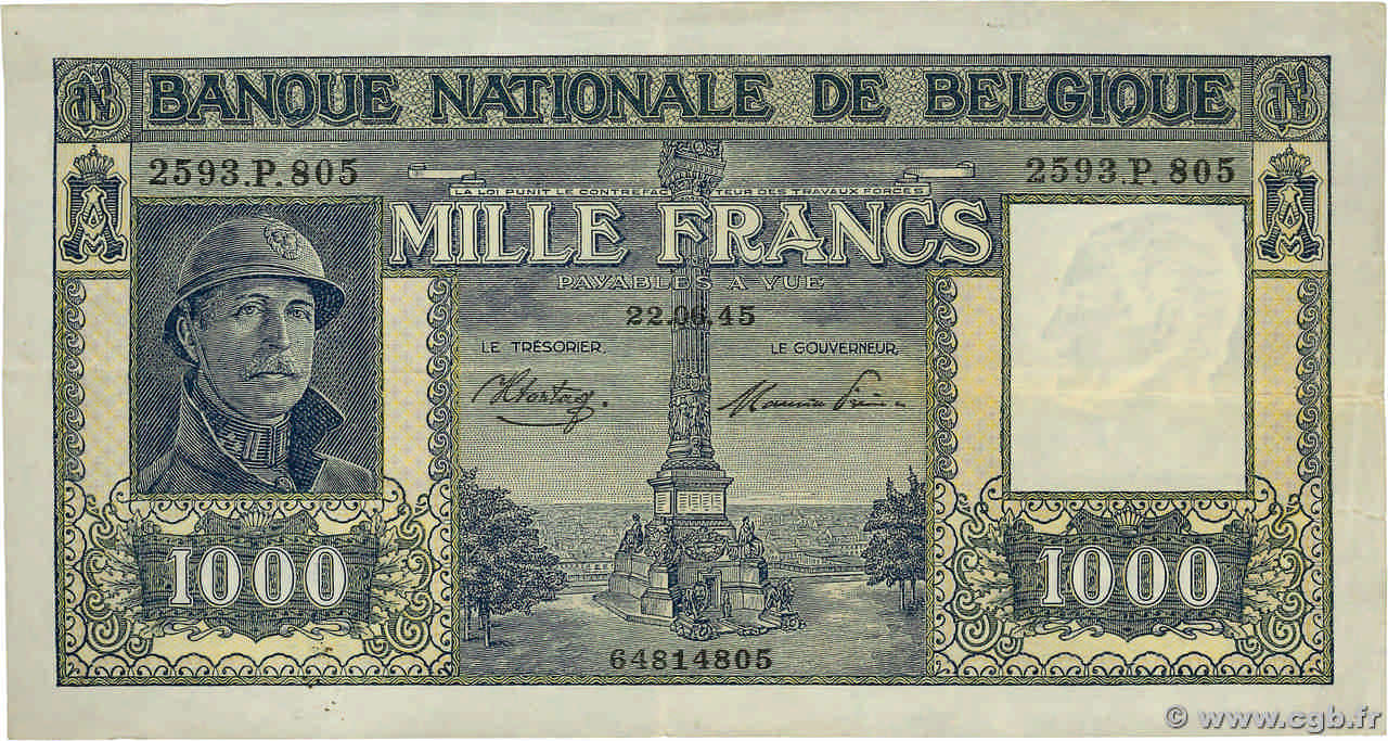 1000 Francs BELGIQUE  1945 P.128b TTB+