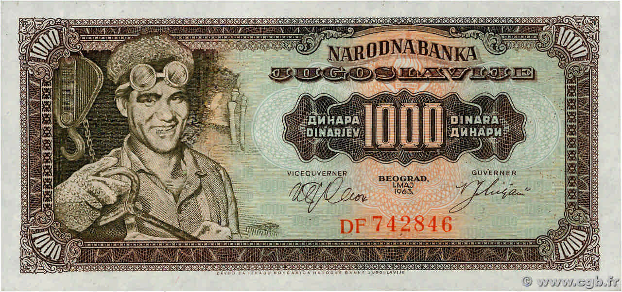 1000 Dinara YUGOSLAVIA  1963 P.075 UNC