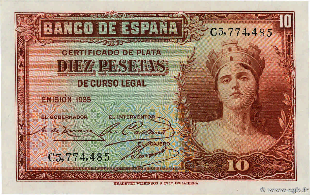 10 Pesetas SPANIEN  1935 P.086a ST