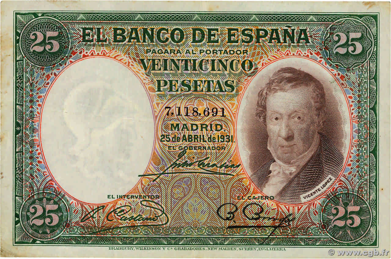 25 Pesetas SPANIEN  1931 P.081 SS