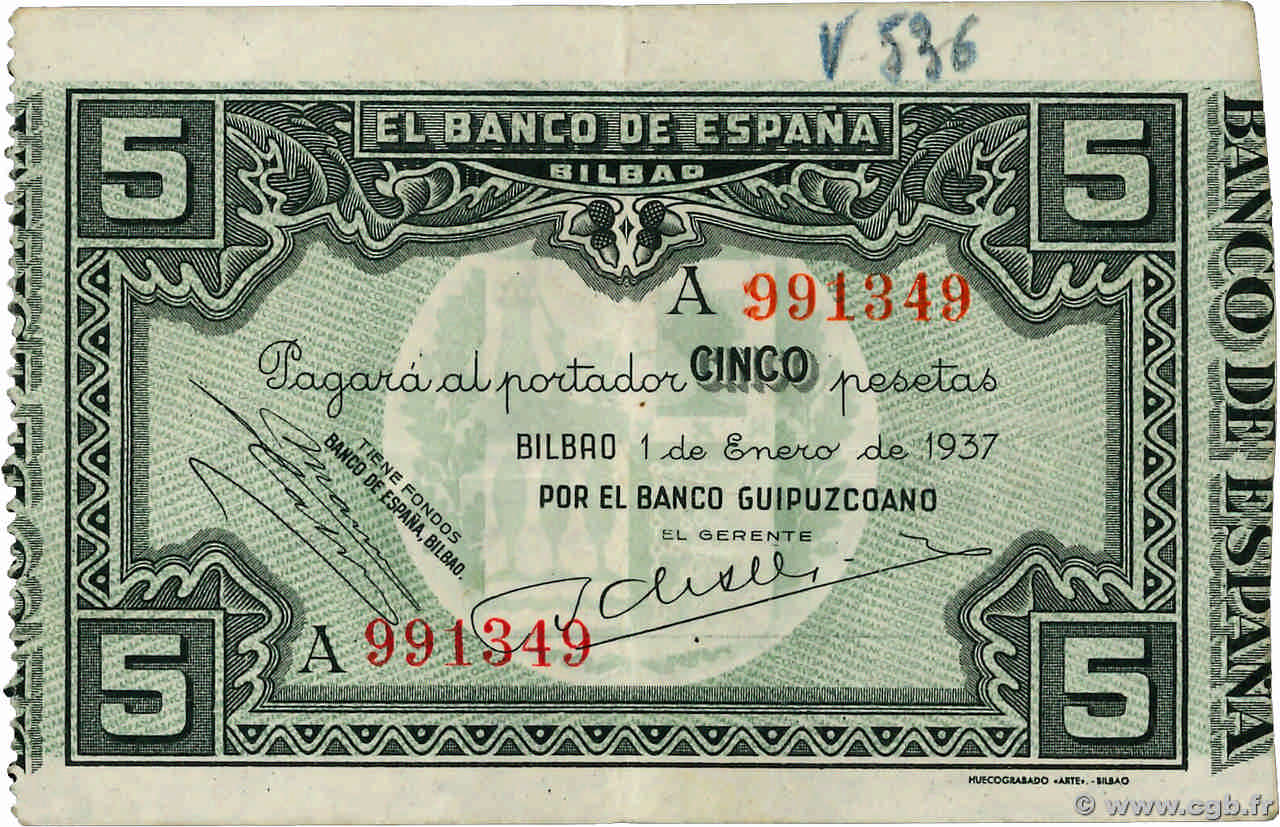 5 Pesetas SPANIEN Bilbao 1937 PS.561c fVZ