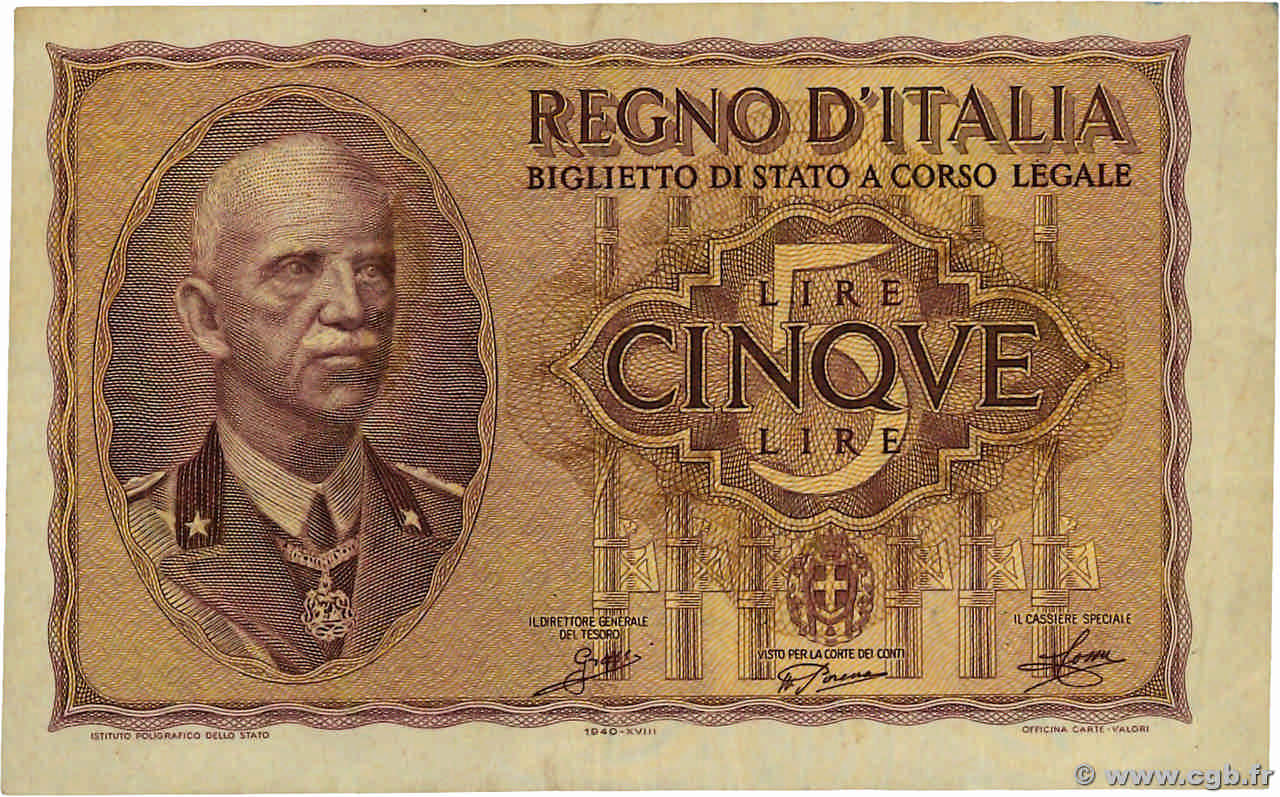5 Lire ITALIEN  1940 P.028 SS