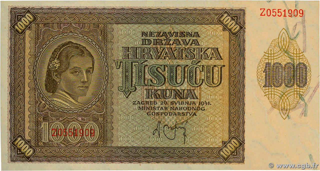 1000 Kuna CROACIA  1941 P.04a FDC