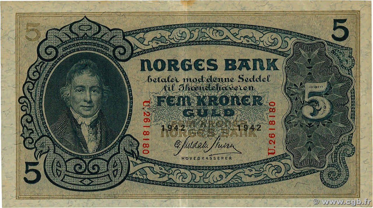 5 Kroner NORVÈGE  1942 P.07c VF