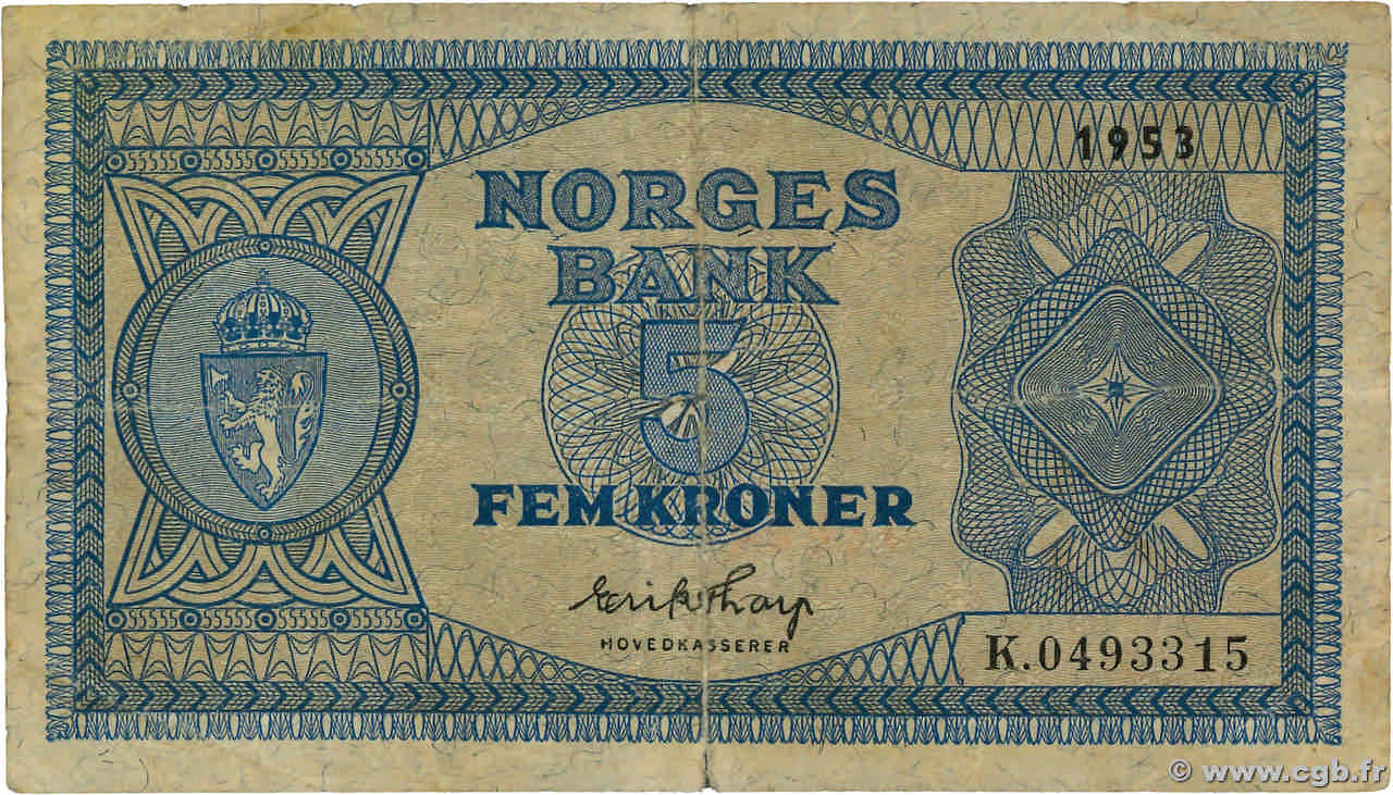 5 Kroner NORVÈGE  1953 P.25d TB