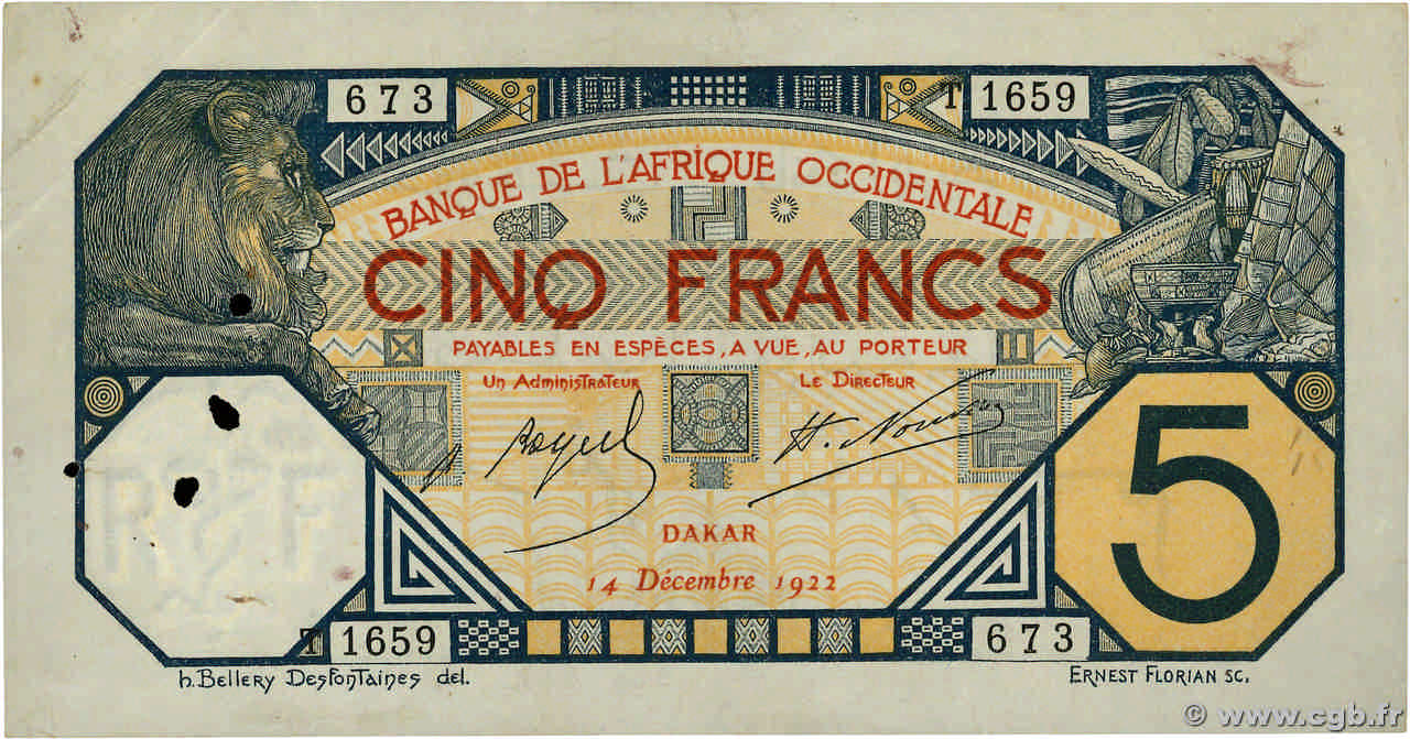 5 Francs DAKAR FRENCH WEST AFRICA Dakar 1922 P.05Bb fVZ