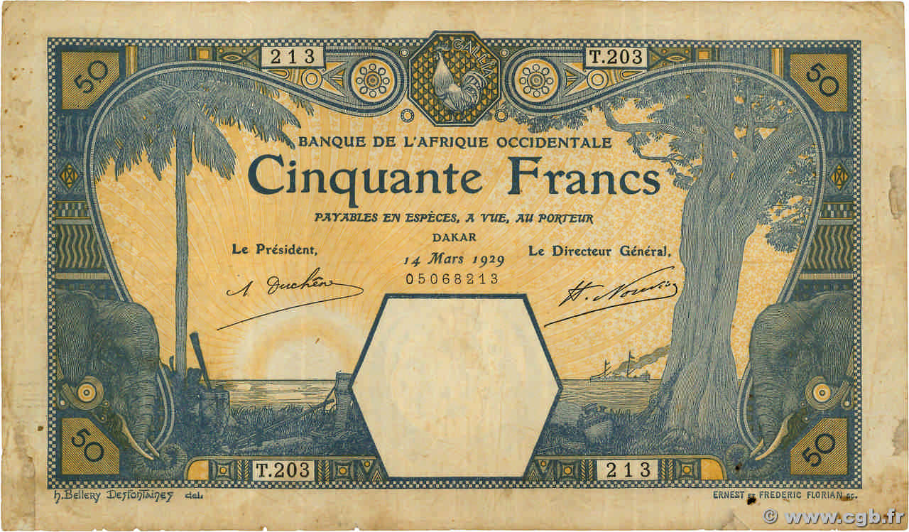 50 Francs DAKAR FRENCH WEST AFRICA Dakar 1929 P.09Bc BC