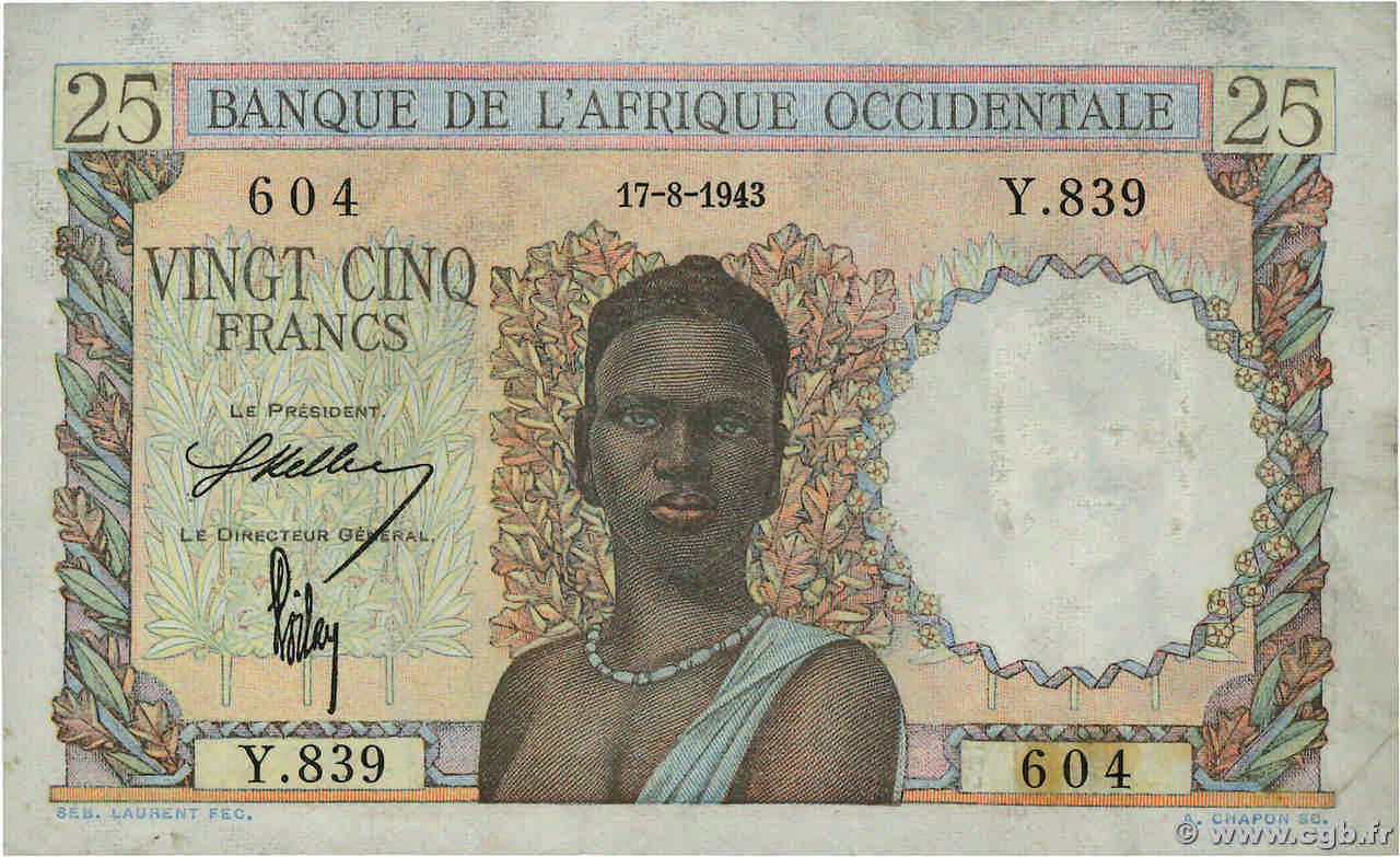 25 Francs FRENCH WEST AFRICA  1943 P.38 MBC