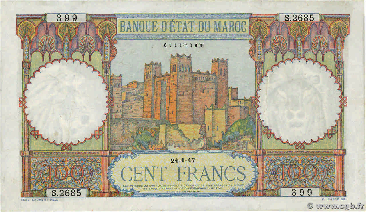100 Francs MOROCCO  1947 P.20 VF+