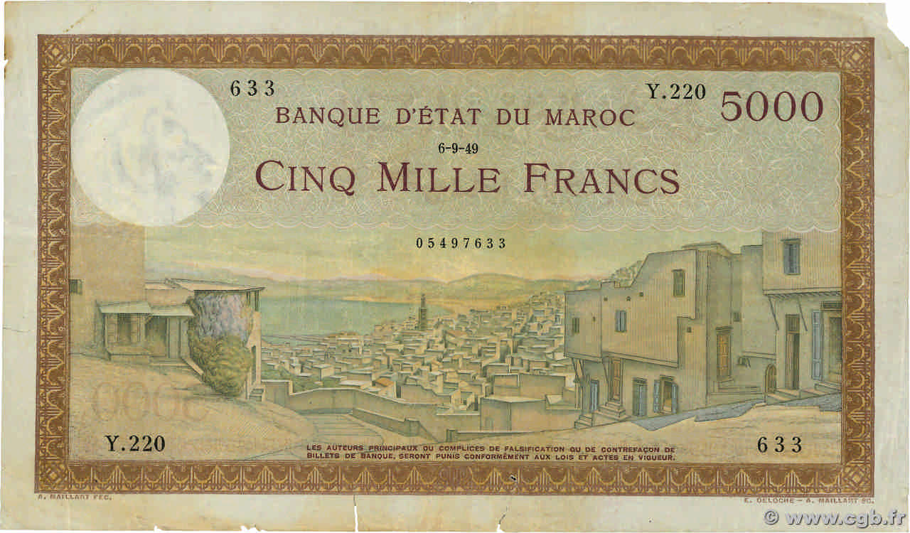 5000 Francs MOROCCO  1949 P.23c F