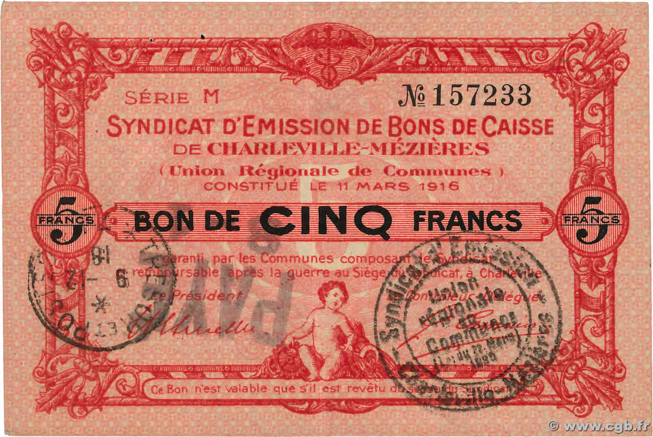 5 Francs FRANCE régionalisme et divers Charleville-Mezieres 1916 JP.08-096 SPL