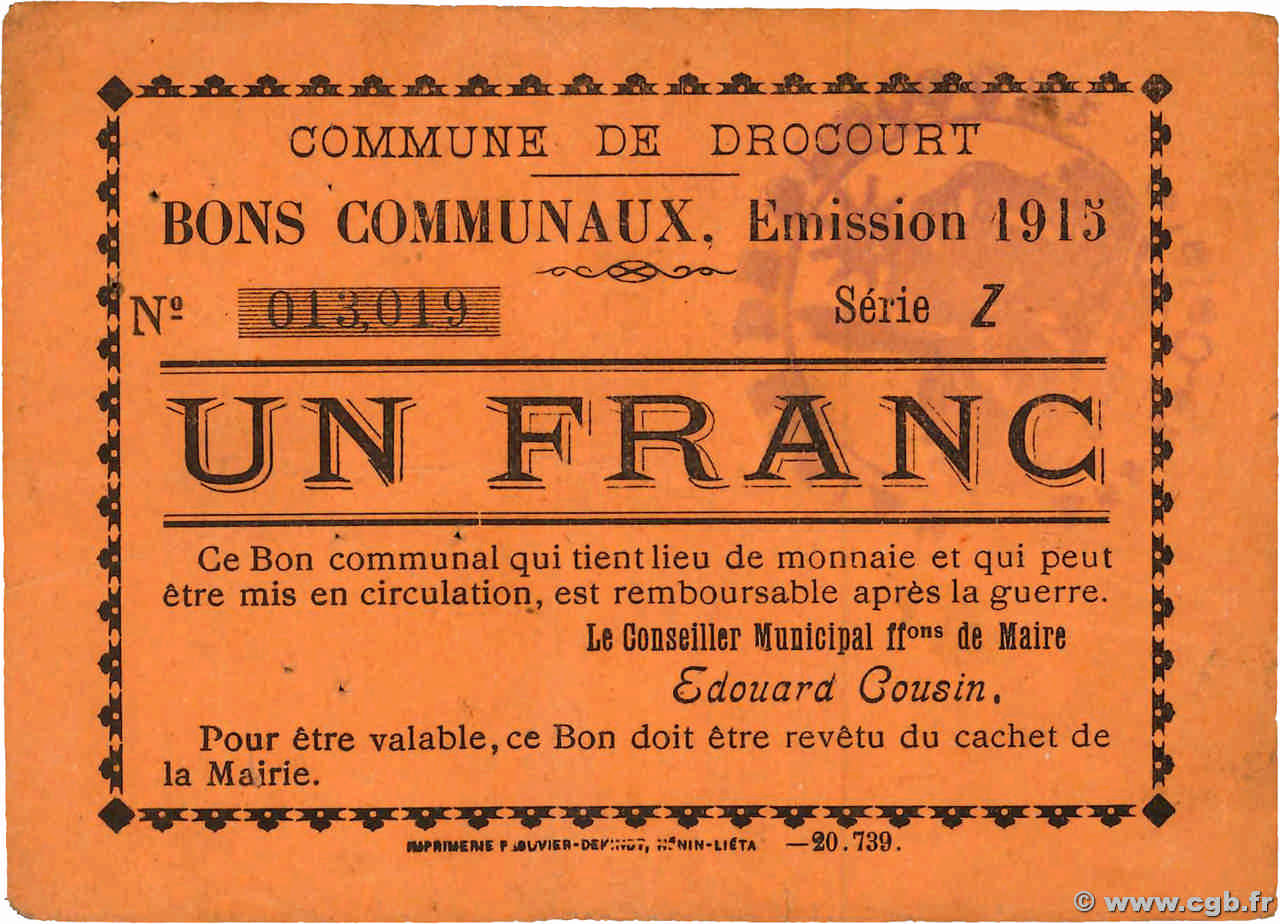 1 Franc FRANCE Regionalismus und verschiedenen Drocourt 1915 JP.62-0455 VZ