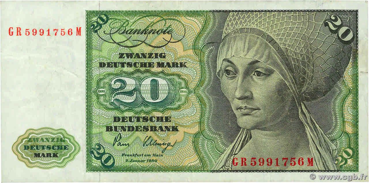 20 Deutsche Mark GERMAN FEDERAL REPUBLIC  1980 P.32c F