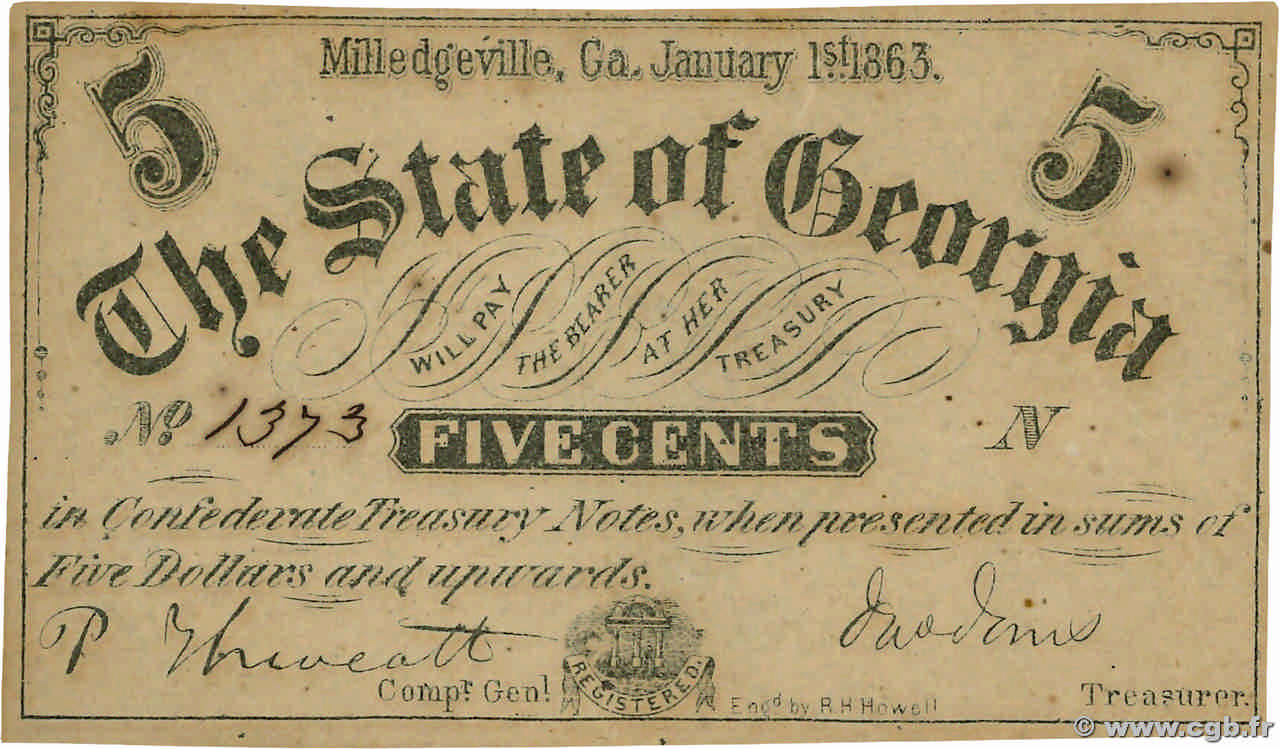 5 Cents STATI UNITI D AMERICA Milledgeville 1863 PS.0857 SPL