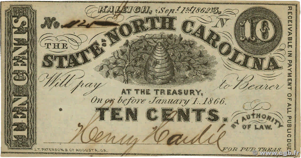 10 Cents ÉTATS-UNIS D AMÉRIQUE Raleigh 1862 PS.2356 SUP+